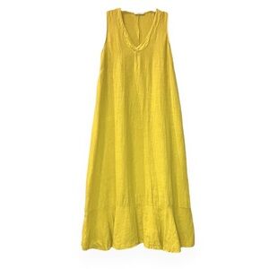Francesca Bettini 100% Linen Yellow Ruffle Hem Maxi Dress Made in Italy Sz L